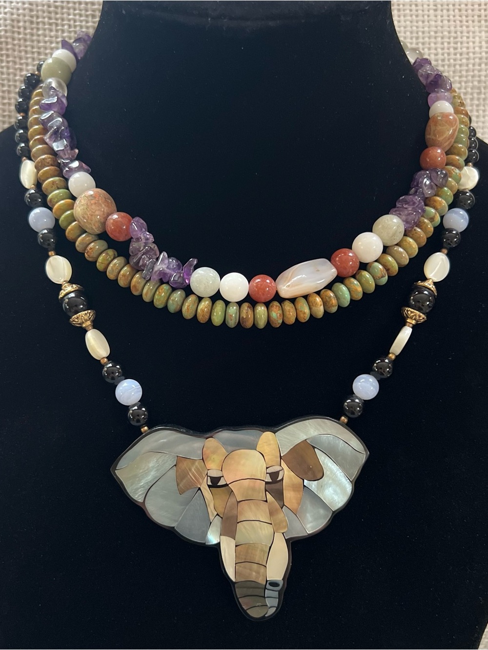 Lee Sands Elephant Pendant Necklace Jasper Gemstone Choker Lot Boho Bundle VTG